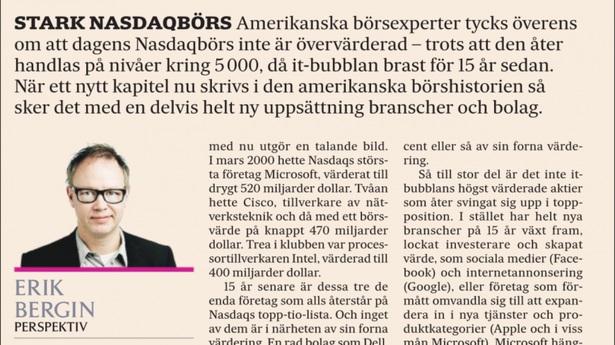 Övre delen av analysen i SvD Näringsliv den 14 mars 2015.